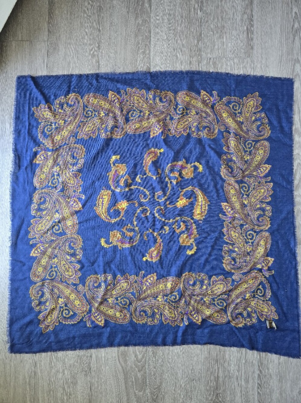 Vintage 100% Wool Challis Paisley Square Scarf Navy Gold Purple Hand Printed